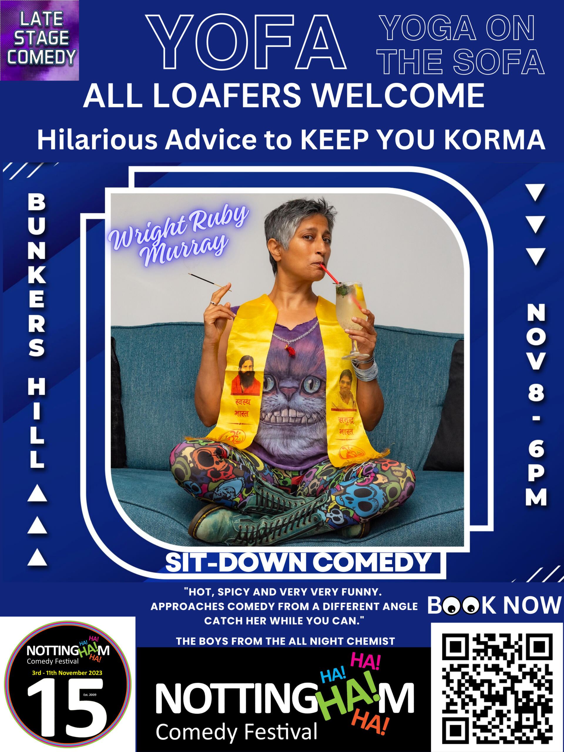 Nilam Wright sat on a sofa with incense stick and drink in hand) Promoting Yofa (yoga on the sofa) comedy show at the Nottingham comedy festival 8 Nov 2023 at Bunkers Hill in Nottingham